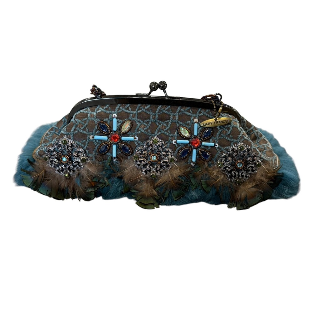 Mary Frances Beaded Feather Fur Evening Clutch Handbag Blue Brown Jeweled Purse - Picture 3 of 16